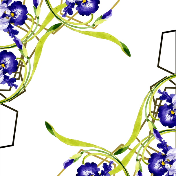 Blue iris floral botanical flower. Wild spring leaf wildflower isolated. Watercolor background illustration set. Watercolour drawing fashion aquarelle. Frame border ornament square. - Fotoğraf, Görsel