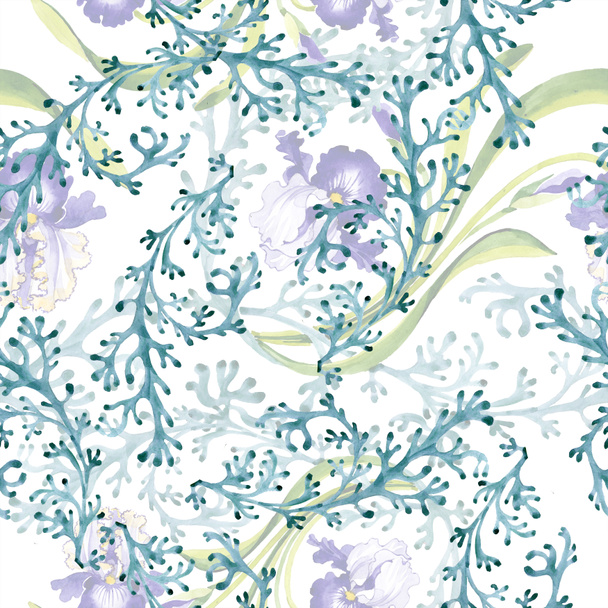 Blue iris floral botanical flower. Wild spring leaf isolated. Watercolor illustration set. Watercolour drawing fashion aquarelle. Seamless background pattern. Fabric wallpaper print texture. - 写真・画像