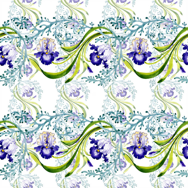 Blue iris floral botanical flower. Wild spring leaf isolated. Watercolor illustration set. Watercolour drawing fashion aquarelle. Seamless background pattern. Fabric wallpaper print texture. - Фото, изображение