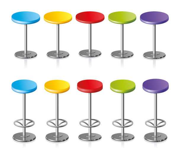 Большой круговой диск формы яркий многоцветный стильный 3D барный стул стоять на одном твердом блестящем ноге стебля на белом фоне. Паб клуб модное оборудование объект концепт-дизайн. Вид сбоку крупным планом с местом для текста
 - Вектор,изображение