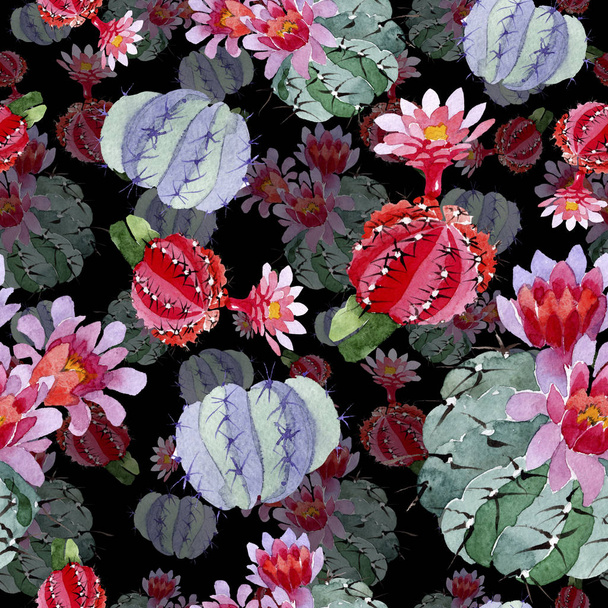 Green and red cacti watercolor illustration set.  Seamless background pattern. Fabric wallpaper print texture. - Φωτογραφία, εικόνα