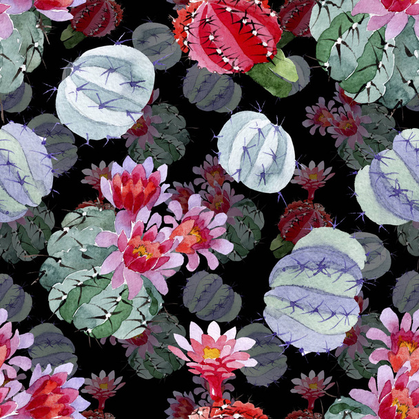 Green and red cacti watercolor illustration set.  Seamless background pattern. Fabric wallpaper print texture. - Φωτογραφία, εικόνα