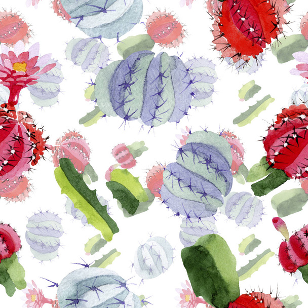 Green and red cacti watercolor illustration set.  Seamless background pattern. Fabric wallpaper print texture. - Photo, Image