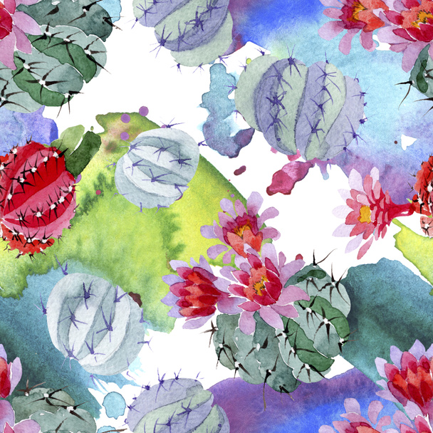 Zöld és piros kaktuszok akvarell illusztráció készlet. Varratmentes háttérben minta. Anyagot a nyomtatási textúrát. - Fotó, kép