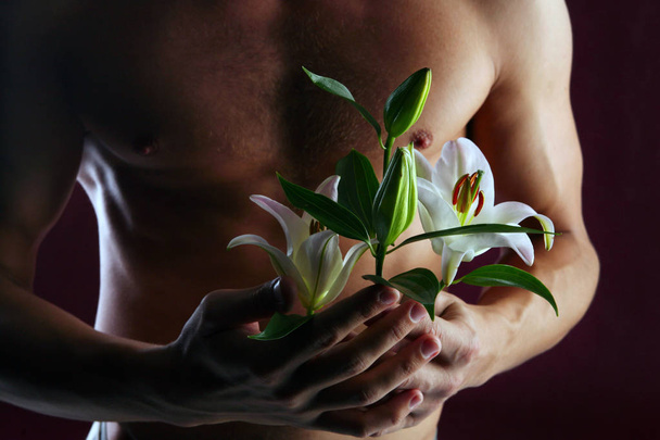 close-up of white lily in the hands against the background of a naked torso on dark background studio - Φωτογραφία, εικόνα