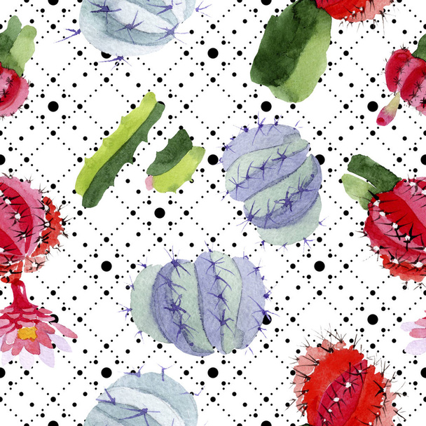 Green and red cacti watercolor illustration set.  Seamless background pattern. Fabric wallpaper print texture. - Foto, imagen