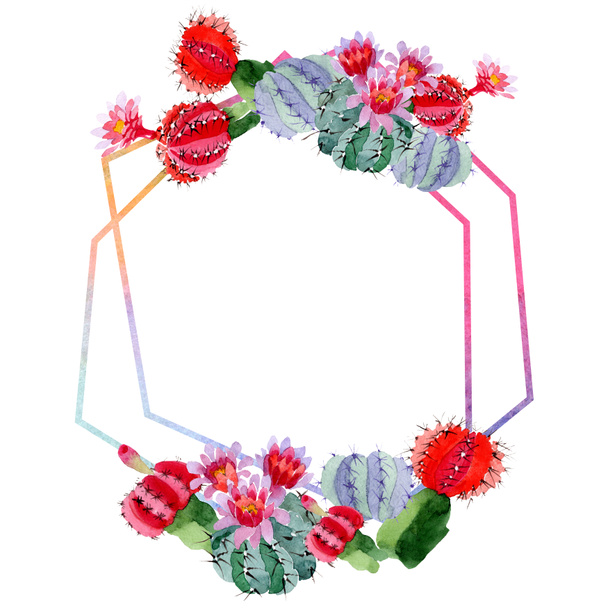 grüne und rote Kakteen mit Blüten isoliert auf weiß. Aquarell Hintergrundillustration Set. Rahmen-Bordüre mit Kopierraum. - Foto, Bild