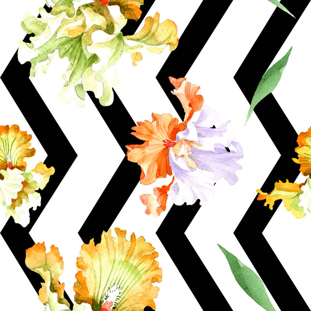 Orange white iris floral botanical flower. Wild spring leaf isolated. Watercolor illustration set. Watercolour drawing fashion aquarelle. Seamless background pattern. Fabric wallpaper print texture. - 写真・画像