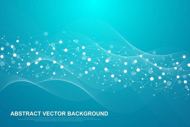 Scientific molecule background for medicine, science, technology, chemistry. Waves flow. Wallpaper or banner with a DNA molecules. Vector geometric dynamic illustration. - Vector, Imagen