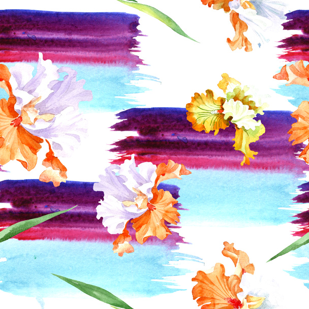 Orange white iris floral botanical flower. Wild spring leaf isolated. Watercolor illustration set. Watercolour drawing fashion aquarelle. Seamless background pattern. Fabric wallpaper print texture. - Fotó, kép