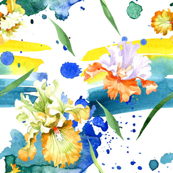 Orange white iris floral botanical flower. Wild spring leaf isolated. Watercolor illustration set. Watercolour drawing fashion aquarelle. Seamless background pattern. Fabric wallpaper print texture. - Foto, imagen