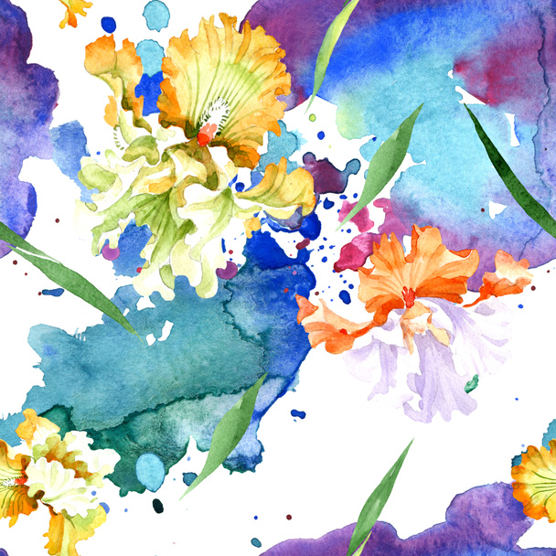 Oranje wit iris floral botanische bloem. Wild voorjaar blad geïsoleerd. Aquarel illustratie set. Aquarel tekenen mode aquarelle. Naadloze achtergrondpatroon. Structuur behang print textuur. - Foto, afbeelding