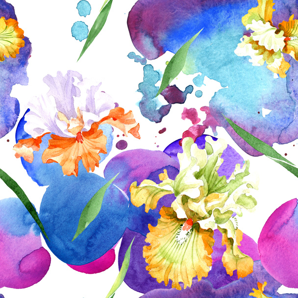 Orange white iris floral botanical flower. Wild spring leaf isolated. Watercolor illustration set. Watercolour drawing fashion aquarelle. Seamless background pattern. Fabric wallpaper print texture. - Photo, Image