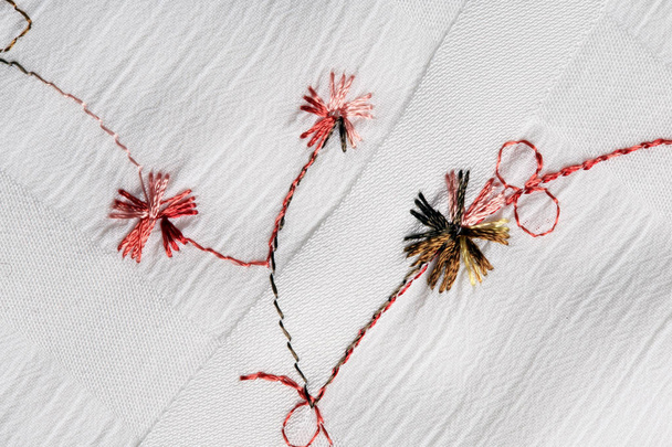 macro texture of white fabric with floral embroidery studio - Φωτογραφία, εικόνα