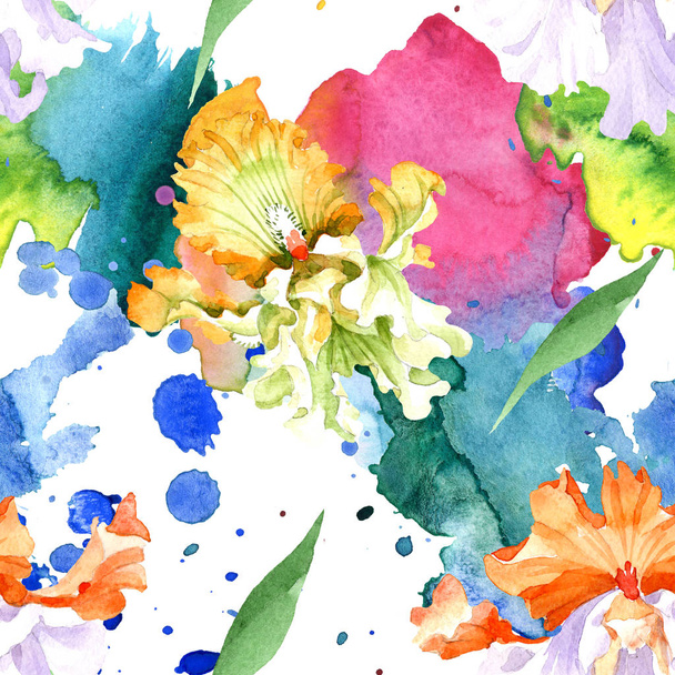 Orange white iris floral botanical flower. Wild spring leaf isolated. Watercolor illustration set. Watercolour drawing fashion aquarelle. Seamless background pattern. Fabric wallpaper print texture. - Foto, Imagem