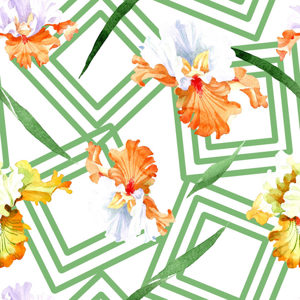 Fiore botanico floreale iris bianco arancio. Foglia selvatica primaverile isolata. Set illustrazione acquerello. Acquerello disegno moda acquerello. Modello di sfondo senza soluzione di continuità. Tessuto carta da parati stampa texture
. - Foto, immagini