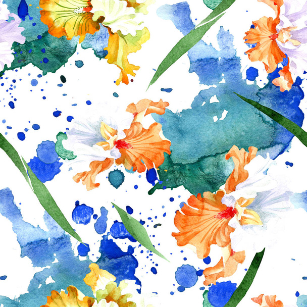 Orange white iris floral botanical flower. Wild spring leaf isolated. Watercolor illustration set. Watercolour drawing fashion aquarelle. Seamless background pattern. Fabric wallpaper print texture. - Фото, зображення
