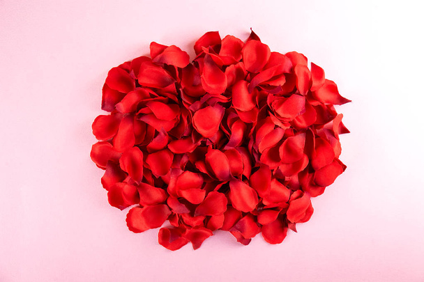 Romantic happy valentines day greeting card, wedding invitation, women's day concept. white background covered with deep red, scarlet, crimson rose petals. Close up, top view, copy space, mock up. - Foto, Imagem