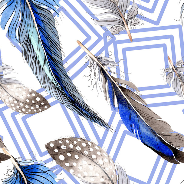 Watercolor blue and black bird feather from wing. Aquarelle feather for background, texture, wrapper pattern. Watercolour drawing fashion seamless background pattern. Fabric wallpaper print texture. - Фото, зображення