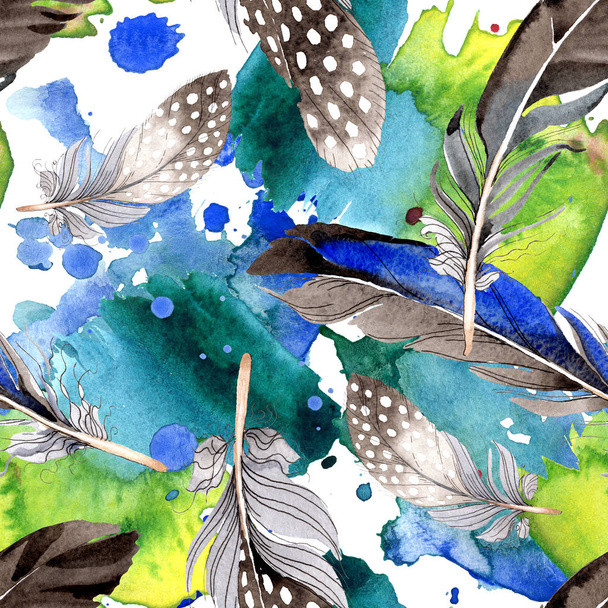 Watercolor blue and black bird feather from wing. Aquarelle feather for background, texture, wrapper pattern. Watercolour drawing fashion seamless background pattern. Fabric wallpaper print texture. - Fotó, kép