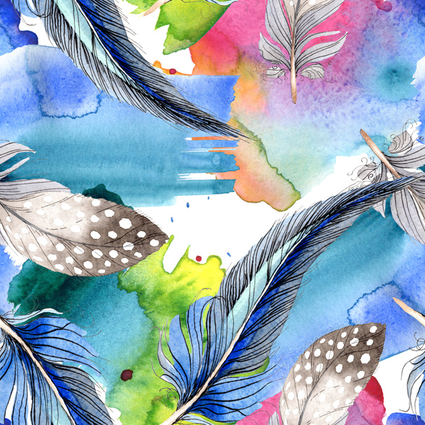Watercolor blue and black bird feather from wing. Aquarelle feather for background, texture, wrapper pattern. Watercolour drawing fashion seamless background pattern. Fabric wallpaper print texture. - 写真・画像