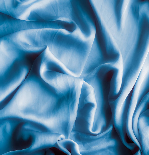 Blue soft silk waves, flatlay - elegant fabric textures, abstract backgrounds and modern pastel colours concept. Feel the touch of luxury - Photo, Image