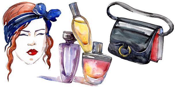 Girl, perfume and bag sketch fashion glamour illustration in a watercolor style isolated element. Clothes accessories set trendy vogue outfit. Watercolour background illustration set. - Foto, imagen