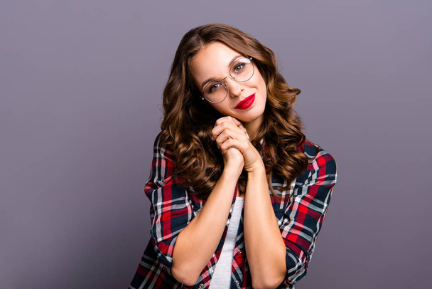 Close up portrait of amazing beautiful she her lady listening son daughter sing song overjoyed feelings emotions kindhearted sweet wearing specs checkered plaid shirt clothes isolated grey background - Foto, afbeelding