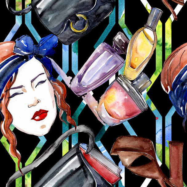 Fashionable sketch fashion glamour illustration in a watercolor style element. Clothes accessories set trendy vogue outfit. Watercolour set seamless background pattern. Fabric wallpaper print texture. - 写真・画像