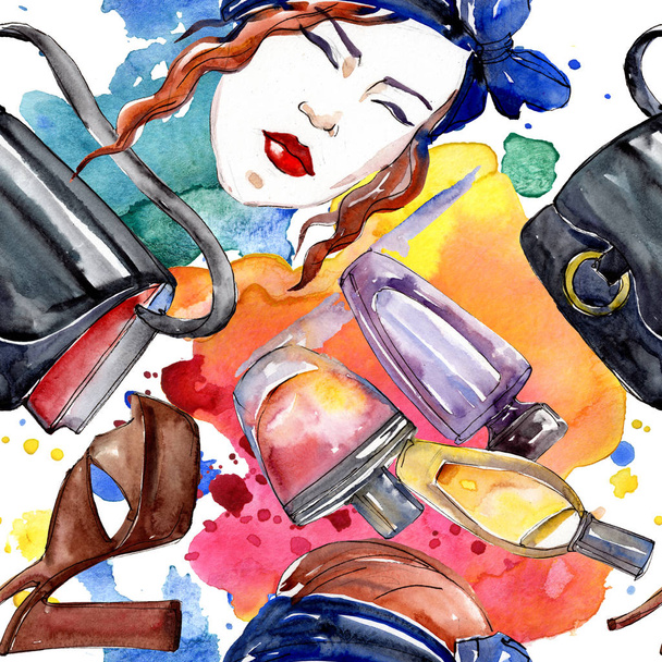 Fashionable sketch fashion glamour illustration in a watercolor style element. Clothes accessories set trendy vogue outfit. Watercolour set seamless background pattern. Fabric wallpaper print texture. - 写真・画像
