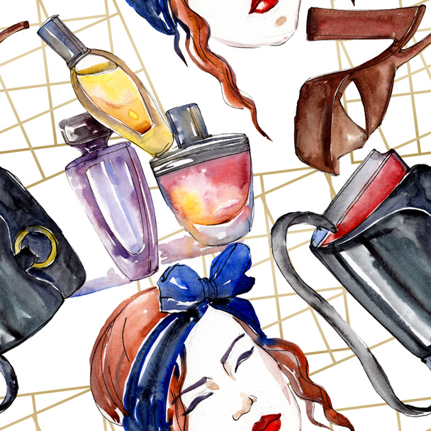 Fashionable sketch fashion glamour illustration in a watercolor style element. Clothes accessories set trendy vogue outfit. Watercolour set seamless background pattern. Fabric wallpaper print texture. - Valokuva, kuva