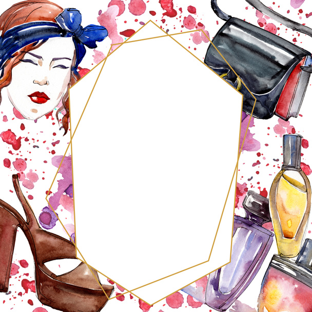 Fashionable sketch in a watercolor style isolated element. Clothes accessories set trendy vogue outfit. Watercolour background illustration set. Frame border ornament square. - Fotoğraf, Görsel