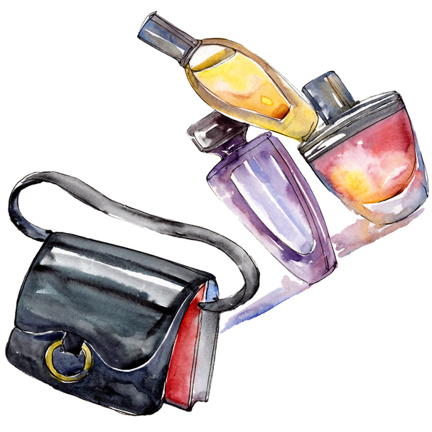 Perfumes and bag sketch fashion glamour illustration in a watercolor style isolated element. Clothes accessories set trendy vogue outfit. Watercolour background illustration set. - Foto, Imagem