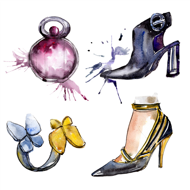 Shoes, ring and perfume sketch fashion glamour illustration in a watercolor style isolated element. Clothes accessories set trendy vogue outfit. Watercolour background illustration set. - Фото, зображення
