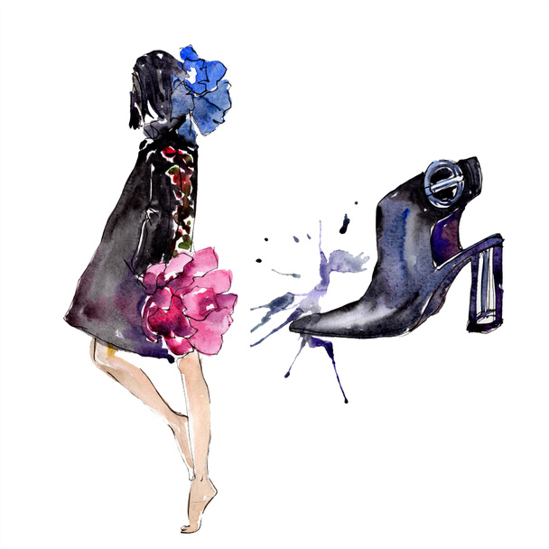 Kobieta i obuwia szkicu ilustracja glamour moda w stylu przypominającym akwarele element na białym tle. Odzież akcesoria zestaw modny strój. Zestaw ilustracji tle akwarela. - Zdjęcie, obraz