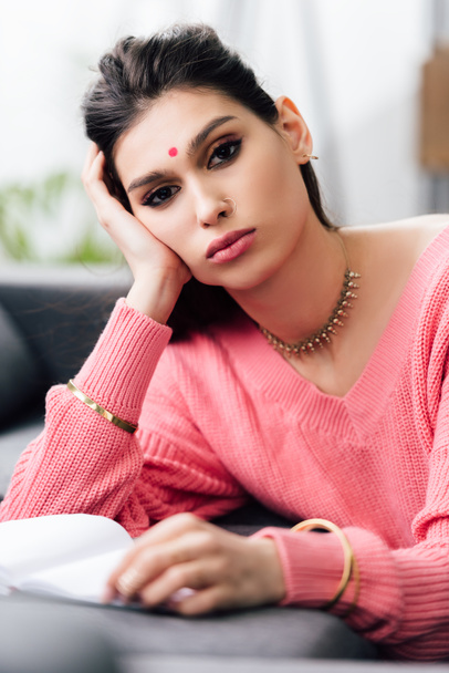 upset exhausted indian student with bindi studying at home - Photo, Image