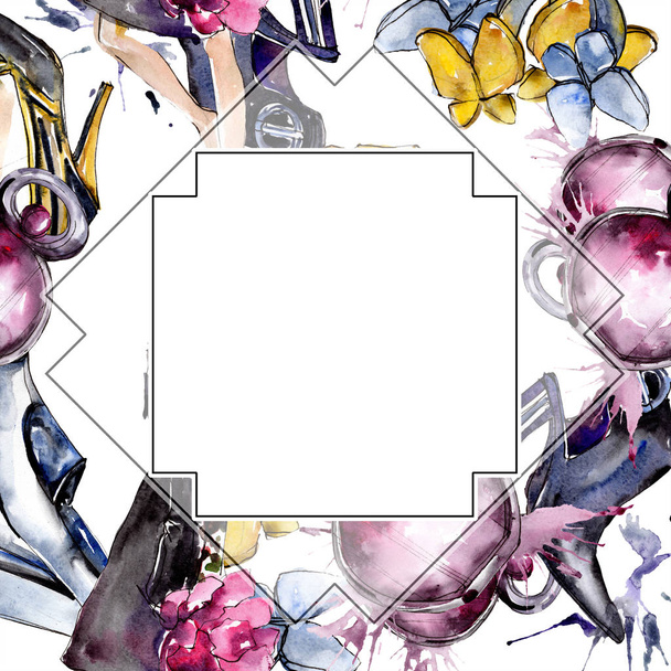 Fashionable sketch in a watercolor style isolated element. Clothes accessories set trendy vogue outfit. Watercolour background illustration set. Frame border ornament square. - 写真・画像