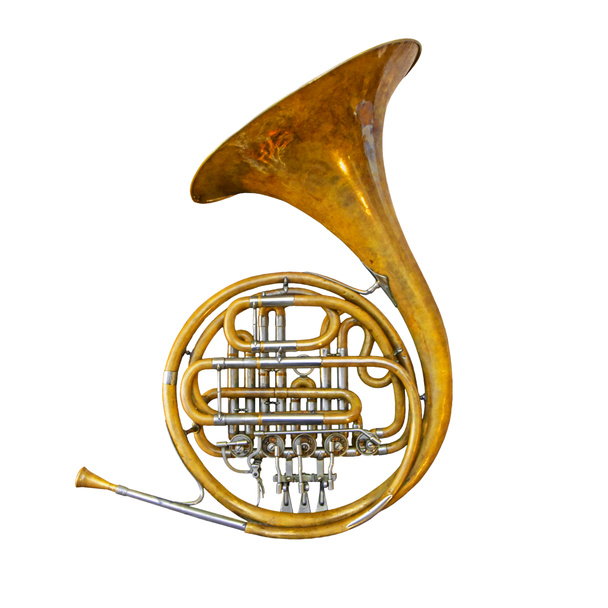 Old vintage French horn isolated on a white background. Music instruments series - Photo, Image