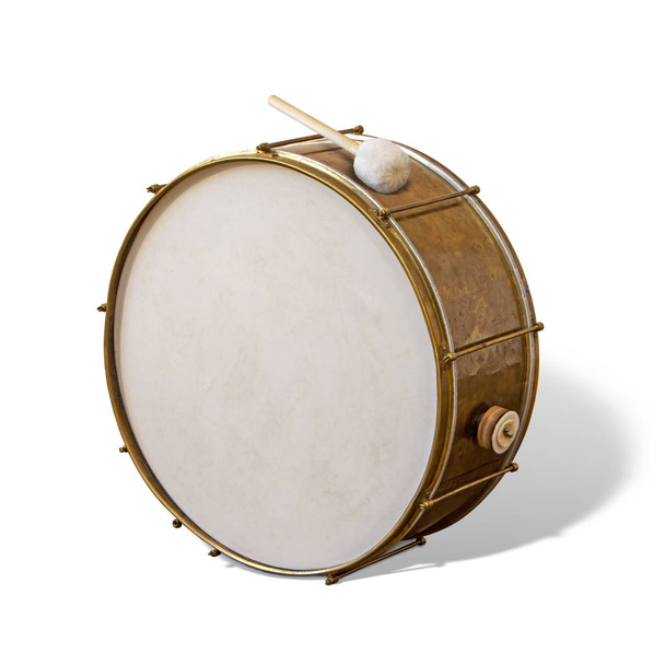 Antiguo instrumento musical clásico gran tambor aislado sobre fondo blanco. Serie de instrumentos musicales
 - Foto, Imagen