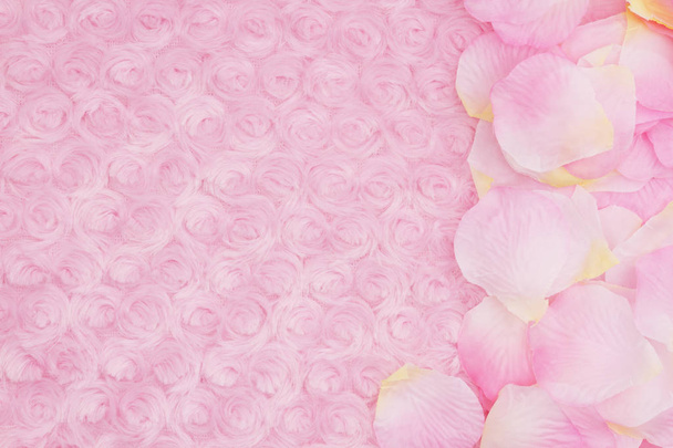 Frühlingshintergrund mit Blütenblättern auf hellrosa Rosenplüsch-Stoff mit gedeckter Farbmischung, um Kopierraum für Ihre Botschaft zu schaffen - Foto, Bild