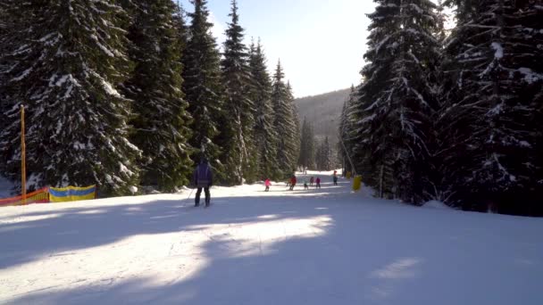 Skiers go down the slope in a ski resort - Footage, Video