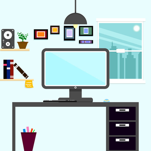 Work space office flat interior in cityscape, working place concept abstract background vector illustration - Vector, Image