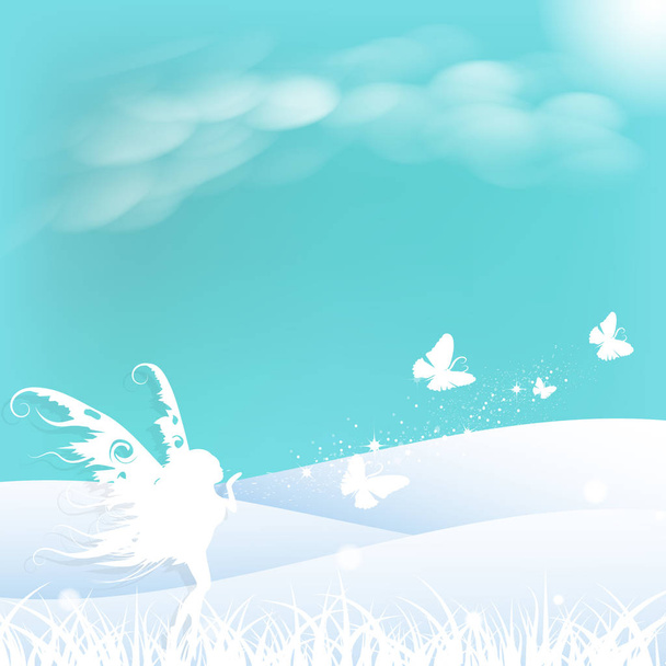Sprookje met vlinder papier kunst fantasie concept sterren scatter sparkle op gras veld winter seizoen landschap abstracte achtergrond vectorillustratie - Vector, afbeelding