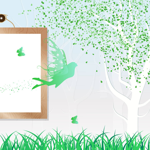 Νεράιδα, η πεταλούδα και η φύση φύλλα που πέφτουν διασποράς πράσινο φρέσκο έννοια αφηρημένη φόντο με ξύλινη κορνίζα εικονογράφηση διάνυσμα - Διάνυσμα, εικόνα
