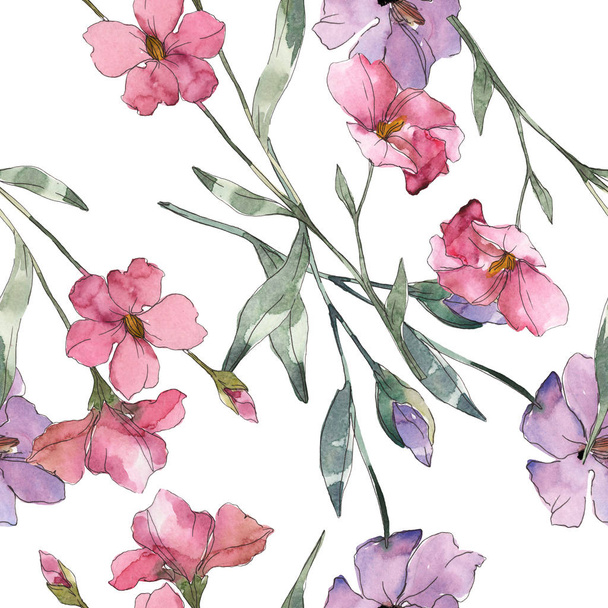 ピンクと紫の亜麻の植物花。野生春葉が分離されました。水彩イラスト セット。水彩描画ファッション aquarelle。シームレスな背景パターン。壁紙印刷手触りの生地. - 写真・画像