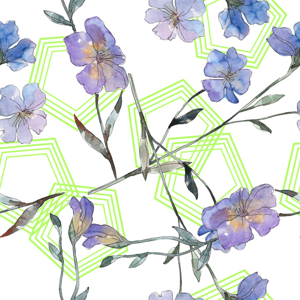Pink and purple flax botanical flower. Wild spring leaf isolated. Watercolor illustration set. Watercolour drawing fashion aquarelle. Seamless background pattern. Fabric wallpaper print texture. - 写真・画像