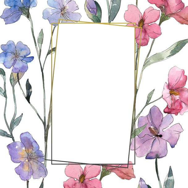 Pink and purple flax floral botanical flower. Wild spring leaf wildflower isolated. Watercolor background illustration set. Watercolour drawing fashion aquarelle. Frame border ornament square. - Fotoğraf, Görsel