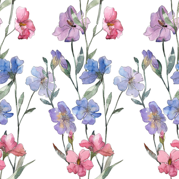 Pink and purple flax botanical flower. Wild spring leaf isolated. Watercolor illustration set. Watercolour drawing fashion aquarelle. Seamless background pattern. Fabric wallpaper print texture. - Foto, imagen