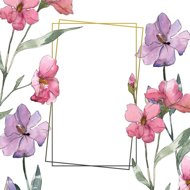 Rózsaszín és lila len floral botanikus virág. Vad tavaszi levél vadvirág elszigetelt. Akvarell háttér illusztráció készlet. Akvarell rajz divat aquarelle. Test határ Dísz tér. - Fotó, kép