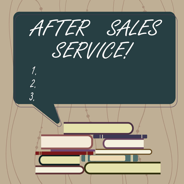 Writing note showing After Sales Service. Business photo showcasing support provided after merchandise have been sold Uneven Pile of Hardbound Books and Rectangular Speech Bubble. - Photo, Image